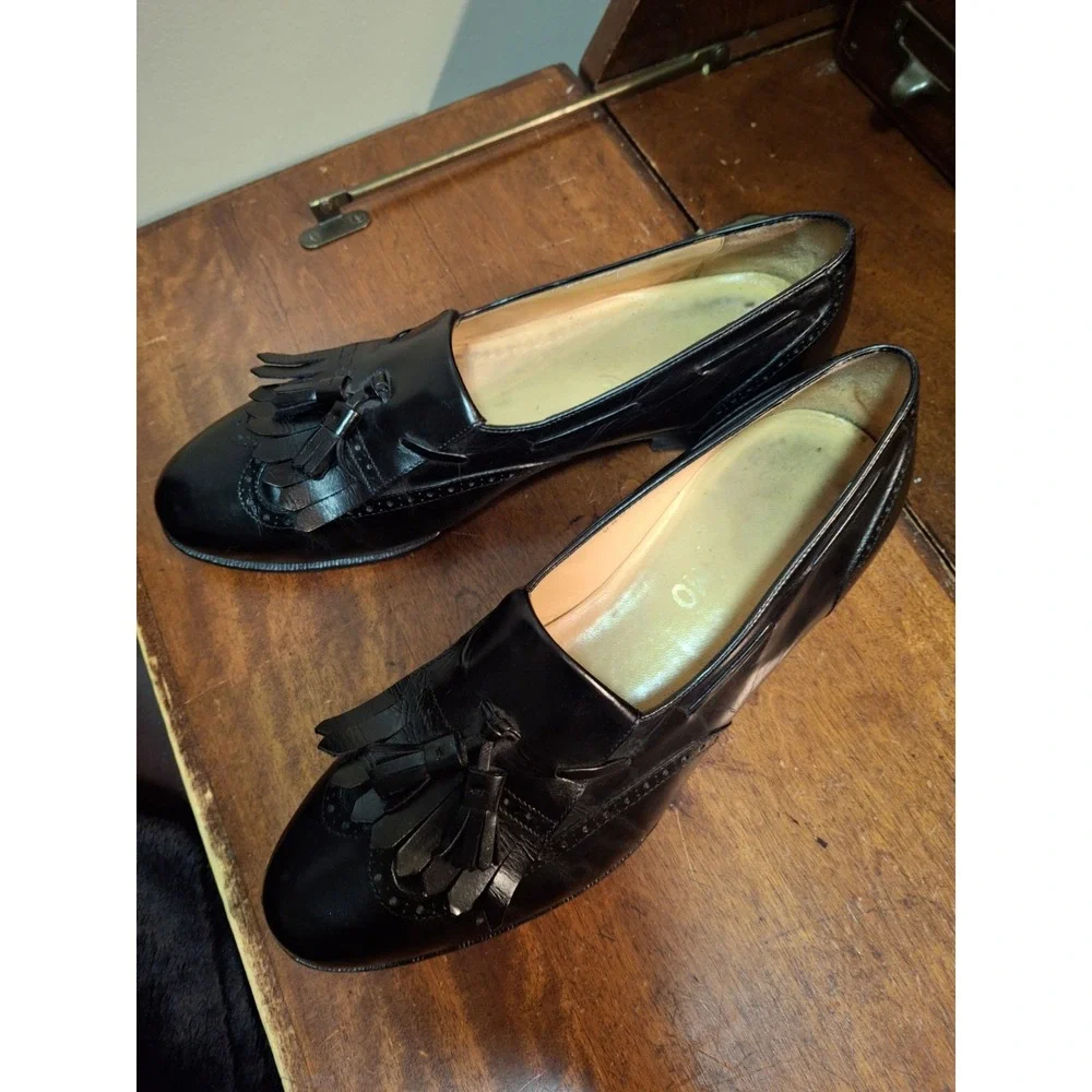 Salvatore Ferragamo Leather Wing Tips 10 D Black Slipon Made In Italy